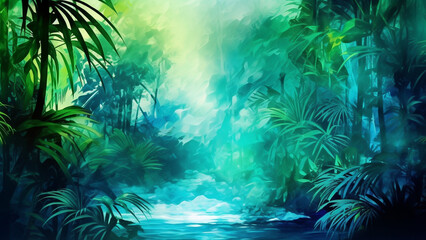 Fototapeta na wymiar Tropical Paradise Gradient Blurs Lush Green to Turquoise Blue