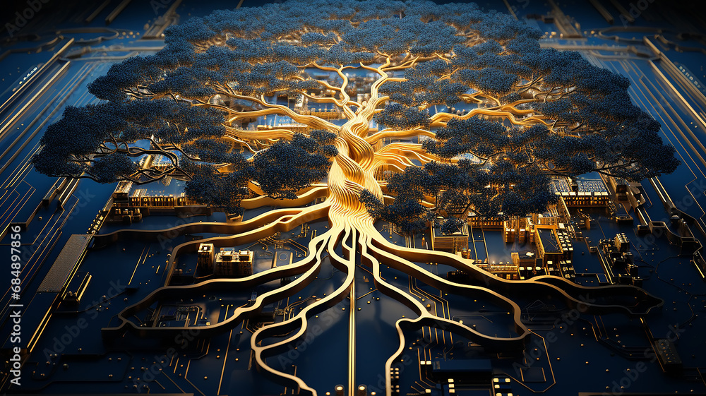 Poster background concept is artificial intelligence, a symbol of nature and growth, a tree of life and a b