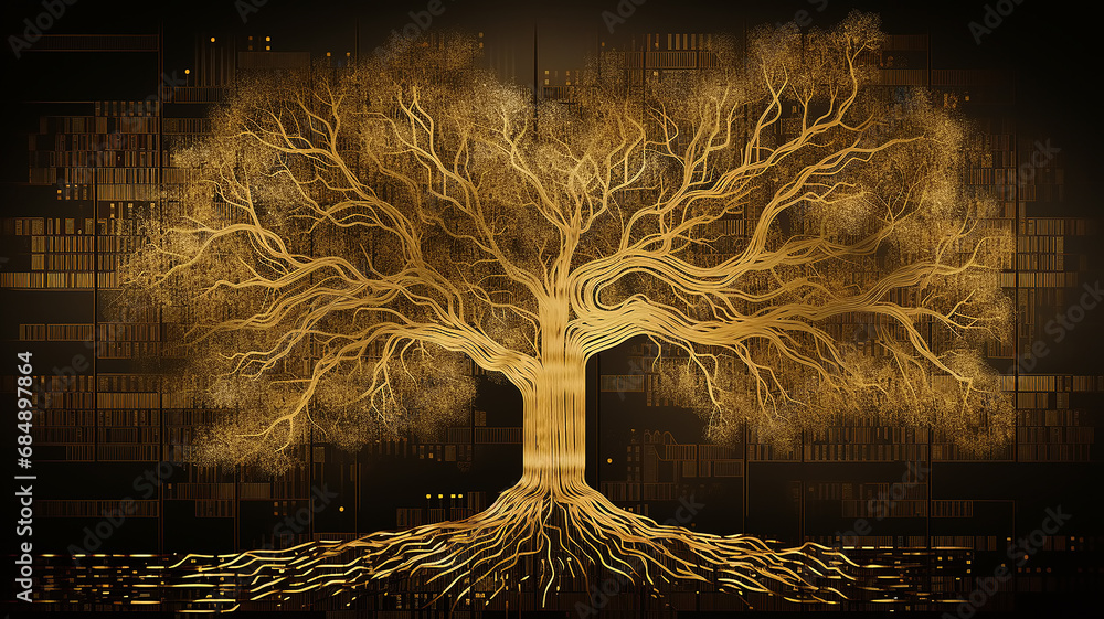 Poster background concept is artificial intelligence, a symbol of nature and growth, a tree of life and a b