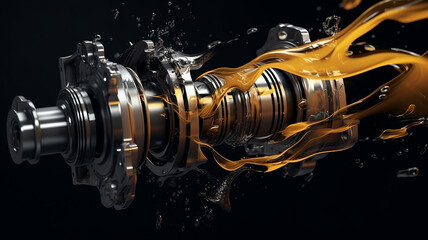 crankshaft on a black background in oil grease, a new car spare part, fictional computer graphics