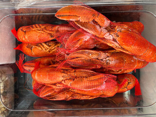 Frozen Cooked Lobster Packaged in a Net in a French Supermarket