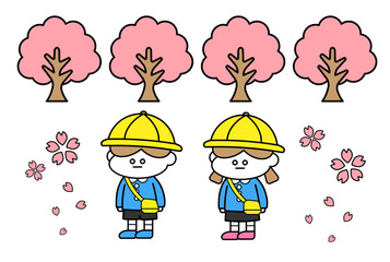 桜の下を歩く幼稚園児