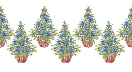 Seamless rim with watercolor green christmas tree and blue balls on white background. Forest evergreen fir or pine for frame. Hand-drawn border for new year celebration or wrapping or wallpaper