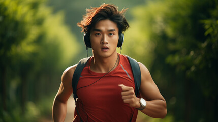 A young Chinese man wearing a jogging in the park, he listens to music through his headphones