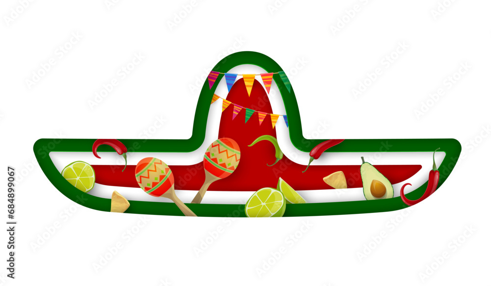 Wall mural Mexican sombrero on paper cut banner with limes, maracas, peppers and avocado on Mexico flag, vector background. Mexican holiday or national day celebration and fiesta party poster in papercut layers