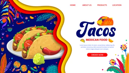 Foto op Canvas Paper cut landing page with Mexican tacos, Tex Mex food website template, vector background. Mexican cuisine fast food restaurant or store and shop landing page with buttons, chili peppers and maracas © Vector Tradition