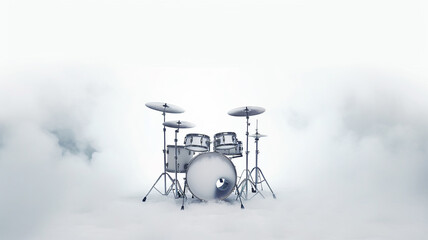 drum kit in stage smoke on a white background, generated invented background music, sound cloud