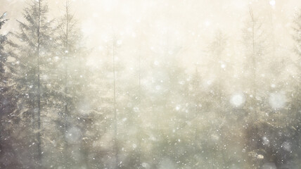 Fototapeta na wymiar background landscape snowfall in foggy forest, winter view, blurred forest in snowfall with copy space