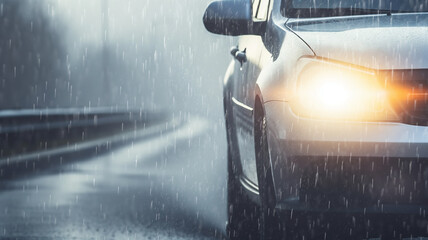 rain autumn headlights car highway fog, background with a copy of the space, oncoming car with fog lights in motion