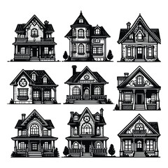Set of house, home, building silhouettes isolated on a white background, Vector illustration.
