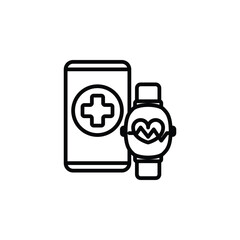 Healthcare tracker app on smartphones and smartwatches outline icon. Vector illustration. The isolated icon suits the web, infographics, interfaces, and apps.