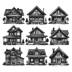 Set of house, home, building silhouettes isolated on a white background, Vector illustration.