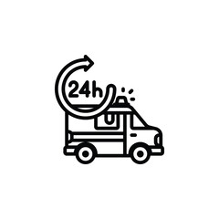Ambulance 24 hours service outline icon. Vector illustration. The isolated icon suits the web, infographics, interfaces, and apps.