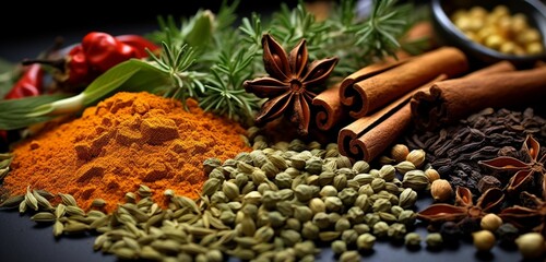 Extreme close-up of colorful spices and herbs, warm saffron and deep green herbs, in the style of culinary photography, depth of field, serene visuals, minimalistic simplicity, close-up