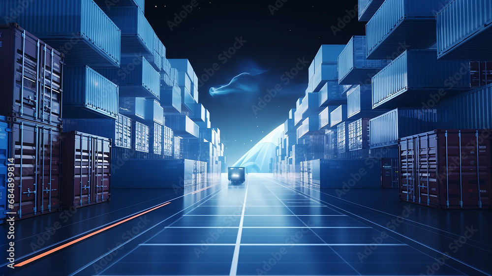 Poster warehouse technology of the future, warehouse program, neon background, futuristic computer graphics