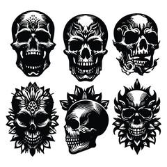 Set of skull head silhouettes isolated on a white background, Vector illustration.