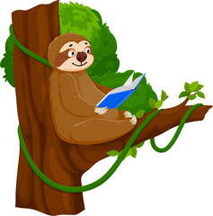 Fototapeta premium Cartoon funny sloth character reading on tree. Isolated vector whimsical animal, perched lazily on a branch, engrossed in a book, wearing goofy grin. Slowly savoring every word with a laid-back charm