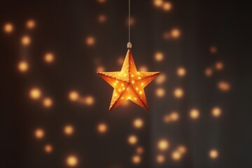 Decoration of golden star on abstract dark blurred background. Five-pointed star shining in and evokes festive mood. Merry Christmas and Happy New Year card or banner template with copy space