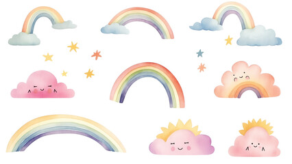 Rainbows, Stars, and Clouds Watercolor Set on Transparent Background