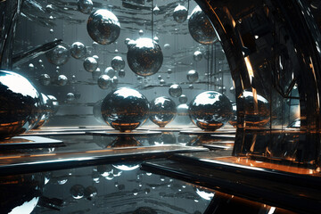 Futuristic interior with glass balls. Abstract sci fi background. 