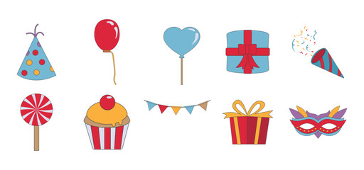 Set of Party Stuff Illustration. Gift box, balloon, mask, candy, convetti, and party equipment. Vector Illustration.