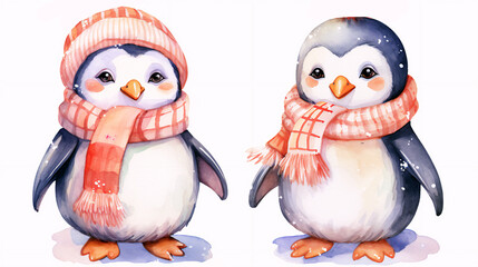 Fototapeta premium Set of christmas penguins on white background