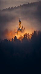 vertical frame, view of the ancient European medieval castle of the princess from the fairy tale in the mountains in the forest and fog landscape