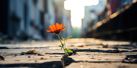single flower emerging from a crack in an old, weathered road, set against the backdrop of historic city buildings - obrazy, fototapety, plakaty