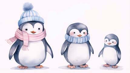 Fototapeta premium Set of christmas penguins on white background