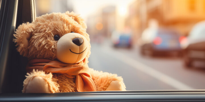 Plush teddy bear seated in a car, with the colorful blur of city streets passing by outside the window - Powered by Adobe