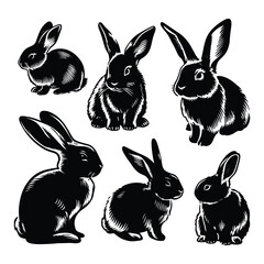 Fototapeta premium Set of bunny silhouettes isolated on a white background, Vector illustration.
