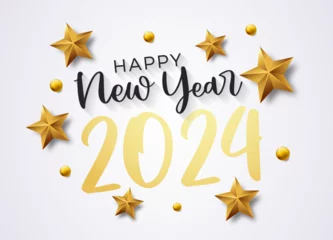 Fotobehang Happy New Year 2024 with calligraphic and brush painted text effect. Vector illustration background for new year's eve and new year resolutions and happy wishes with stars and balls christmas elements © Pedro
