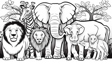 Jungle animal coloring pages basic children  Generative AI