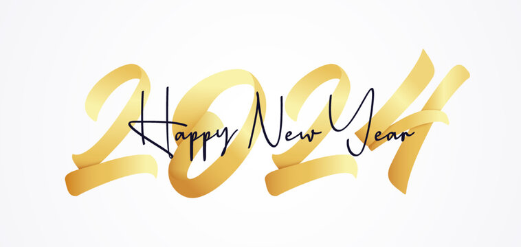 2024 with calligraphic and brush confetti ribbon text effect signed with Happy New Year. Vector illustration background for new year's eve and new year resolutions