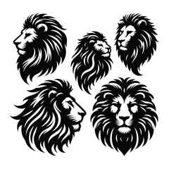 Set of lion head silhouettes isolated on a white background, Vector illustration.