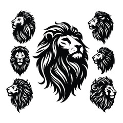 Set of lion head silhouettes isolated on a white background, Vector illustration.