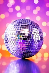 Disco or mirror ball with rainbow on bright colorful  background with lights. Music and dance party background. Trendy party symbol. Abstract retro 80s and 90s concept