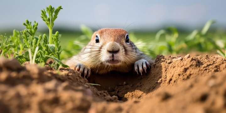curious prairie dog peeks out from its burrow, set against the backdrop of a vibrant green prairie