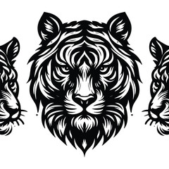Set of tiger head silhouettes isolated on a white background, Vector illustration.
