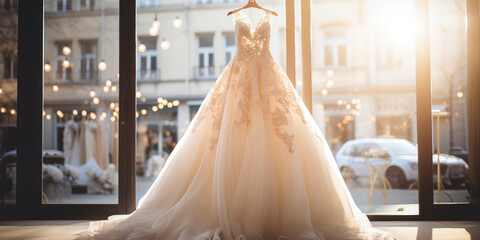 Stunning bridal gown showcased in the window of a shop, its delicate fabric illuminated by gentle, warm light