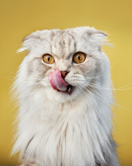 A curious Scottish Fold cat licks its nose, showcasing its long whiskers and luxurious white fur against a yellow backdrop. The candid moment captures the cat's playful charm.