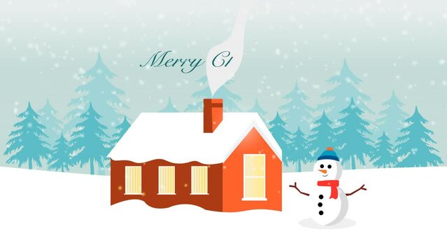 Merry Christmas Animation With Snow fall, Winter Forest House And Snowman