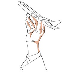 sketch hand holding toy airplane