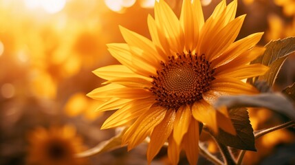 A captivating close-up shot of a sunflower bathed in the warm golden light of the setting sun, with its petals radiating a sense of warmth, happiness, and the beauty of nature.