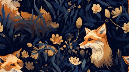 Vintage fabric pattern with fox, plant, and flower