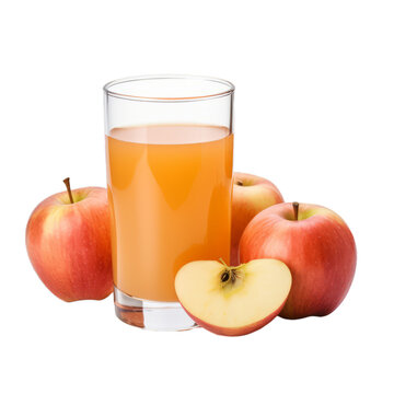 Closeup of a glass of delicious apple juice on a white transparent background