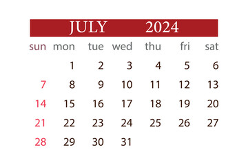 JULY 2024 calendar monthly planner start sunday template vector.