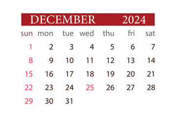 DECEMBER 2024 calendar monthly planner start sunday template vector.