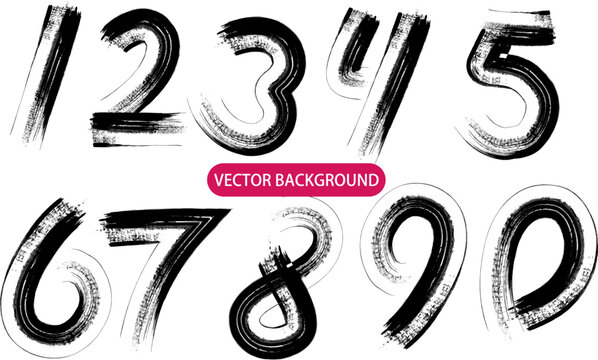 set number black and white, vector hand paint set number. Vector hand paint number 1,2,3,4,5,6,7,8,9,10. Hand drawn letter with dry brush.
