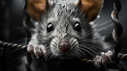 gray mouse rat in a cage escape laboratory concept freedom from iron bars - obrazy, fototapety, plakaty